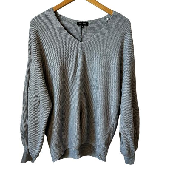 1. State New Women's V Neck Balloon Sleeve Rib Knit Pullover Sweater Gray Medium - Picture 3 of 9